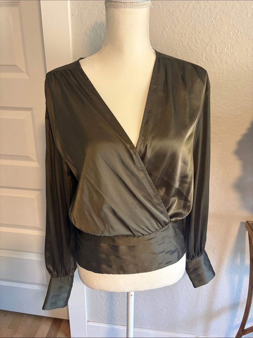 Women’s Satin Wrap Blouse - Olive Green NWOT
